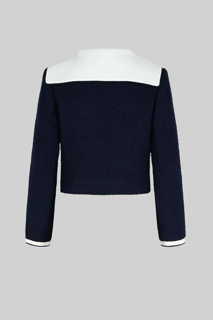 Casaco Cortado em Tweed com Gola em Contraste - Azul Marinho