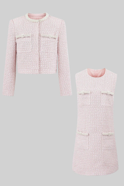 Conjunto de Tweed com Casaco Cortado e Vestido Mini Sem Mangas - Rosa Claro