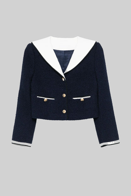 Casaco Cortado em Tweed com Gola em Contraste - Azul Marinho