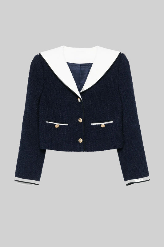 Casaco Cortado em Tweed com Gola em Contraste - Azul Marinho
