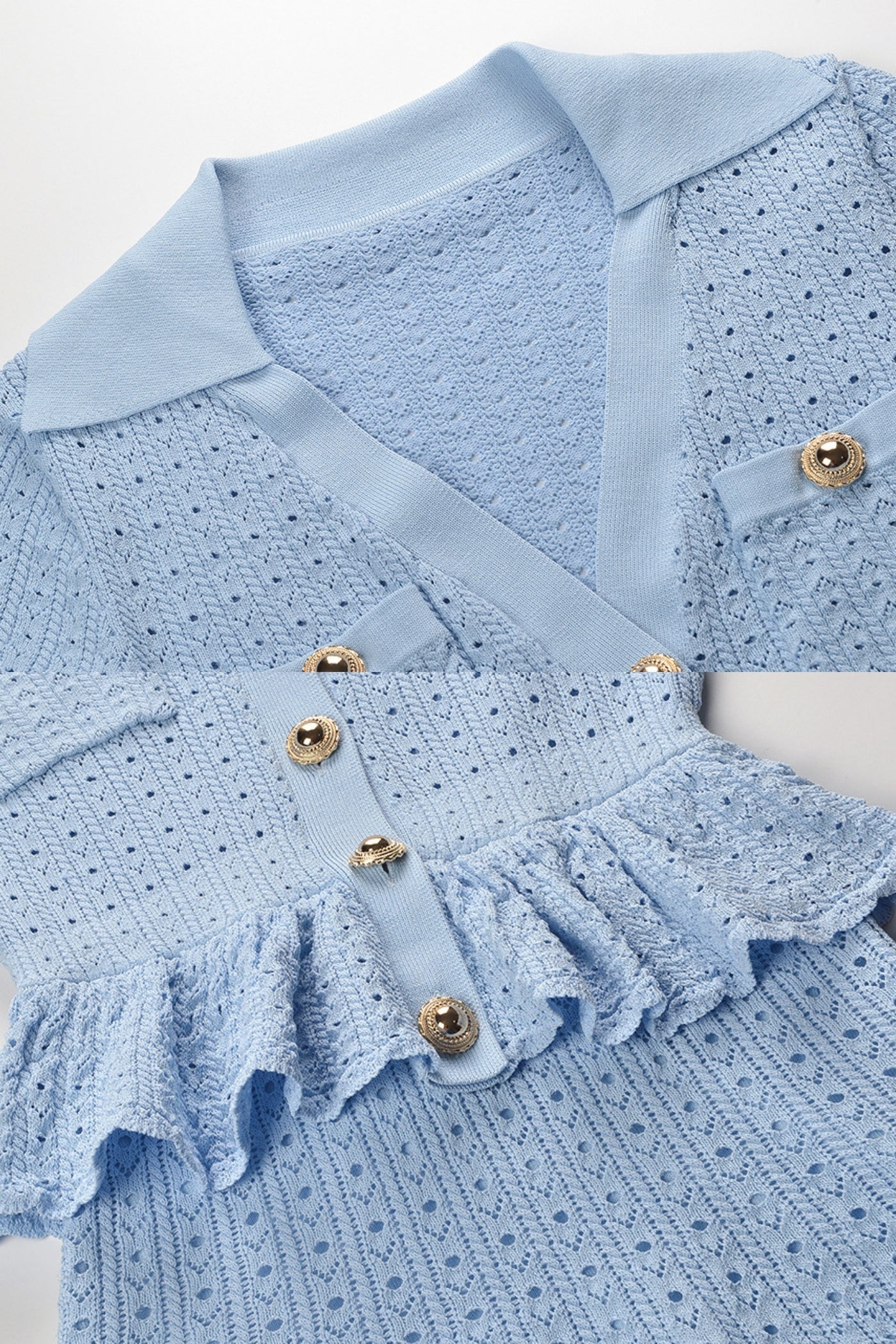 Vestido Mini de Malha com Cintura Peplum e Detalhe em Botão Dourado - Azul Claro
