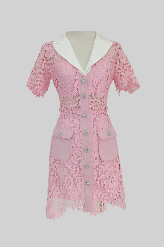 Vestido Mini de Renda com Gola em Contraste e Botões de Joia - Rosa
