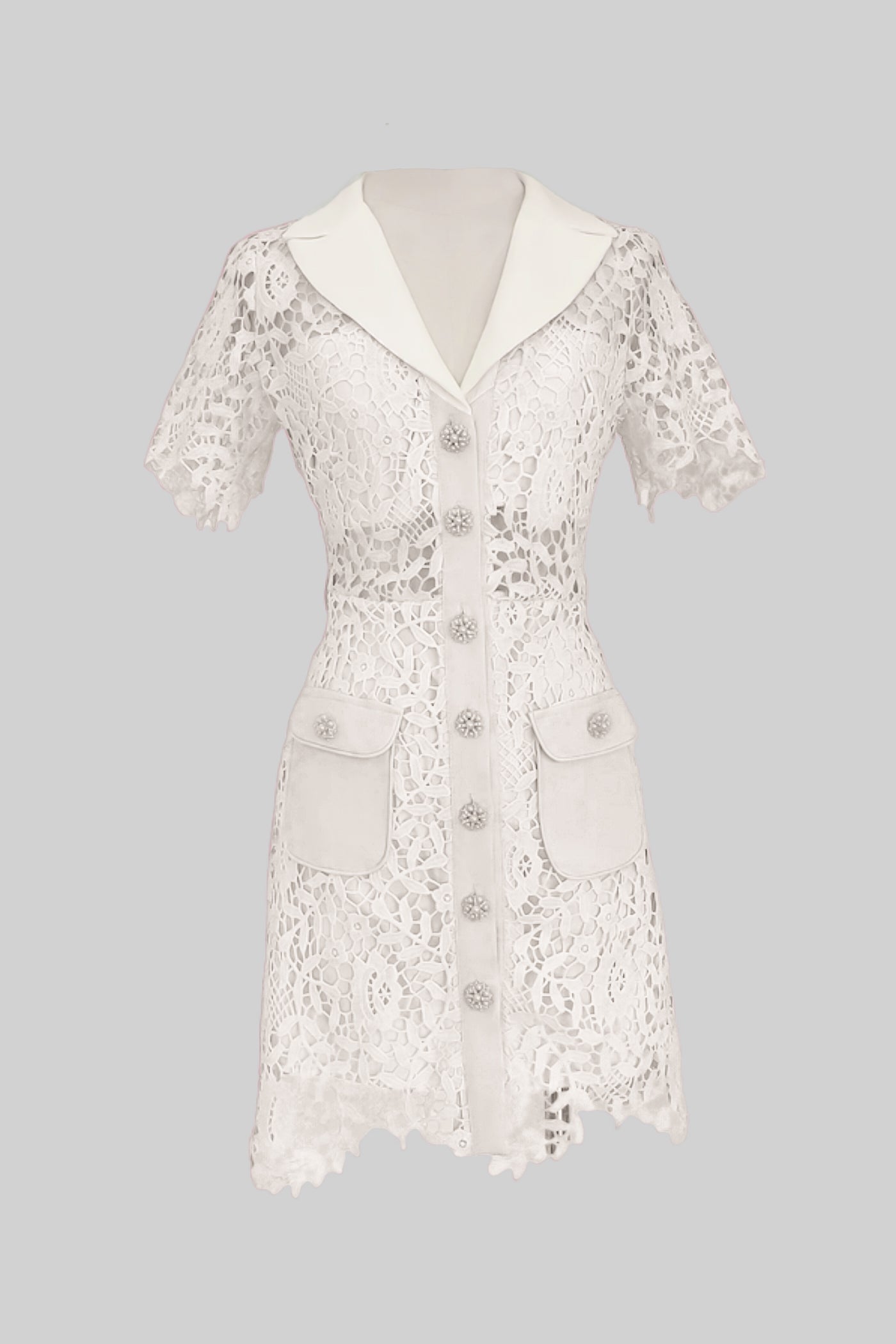 Vestido Mini de Renda com Colarinho em Contraste e Botões de Joia - Ivoire
