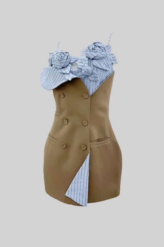 Vestido Mini Blazer com Detalhe Floral Listrado - Castanho/Azul