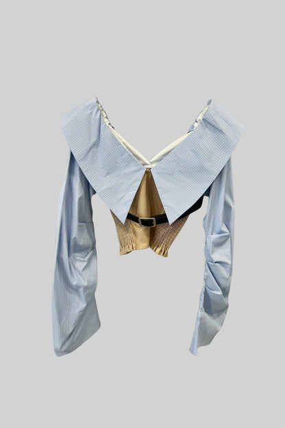 Conjunto de Duas Peças com Top Cortado de Colarinho Oversized e Calças de Perna Larga - Bege/Azul