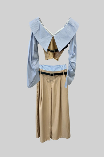 Conjunto de Duas Peças com Top Cortado de Colarinho Oversized e Calças de Perna Larga - Bege/Azul
