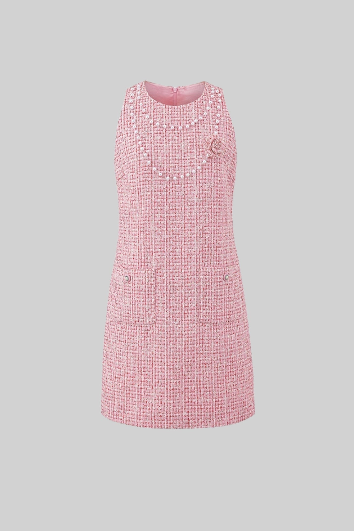 Vestido Mini Sem Mangas em Tweed com Aplicações de Pérolas - Rosa
