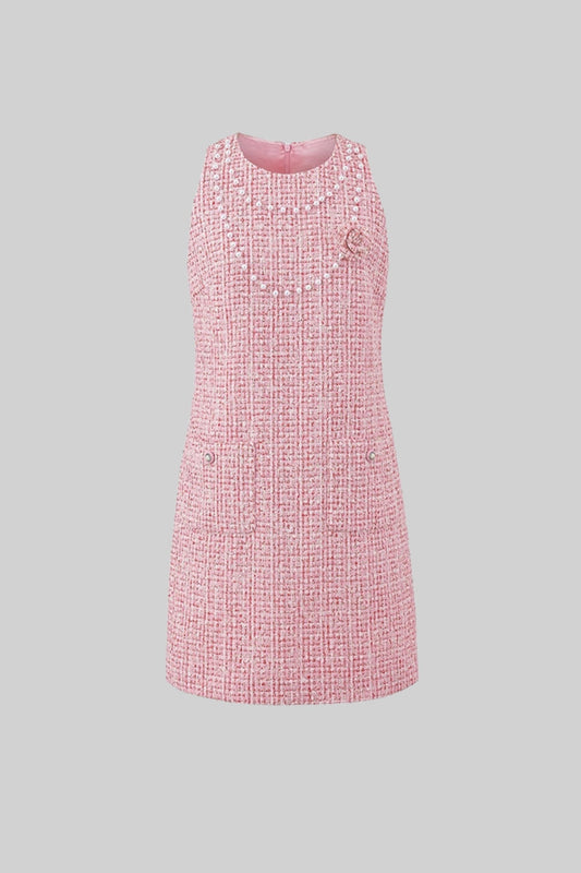 Vestido Mini Sem Mangas em Tweed com Aplicações de Pérolas - Rosa