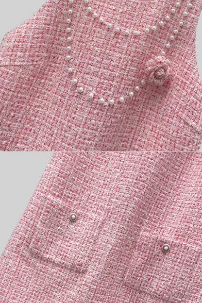 Vestido Mini Sem Mangas em Tweed com Aplicações de Pérolas - Rosa