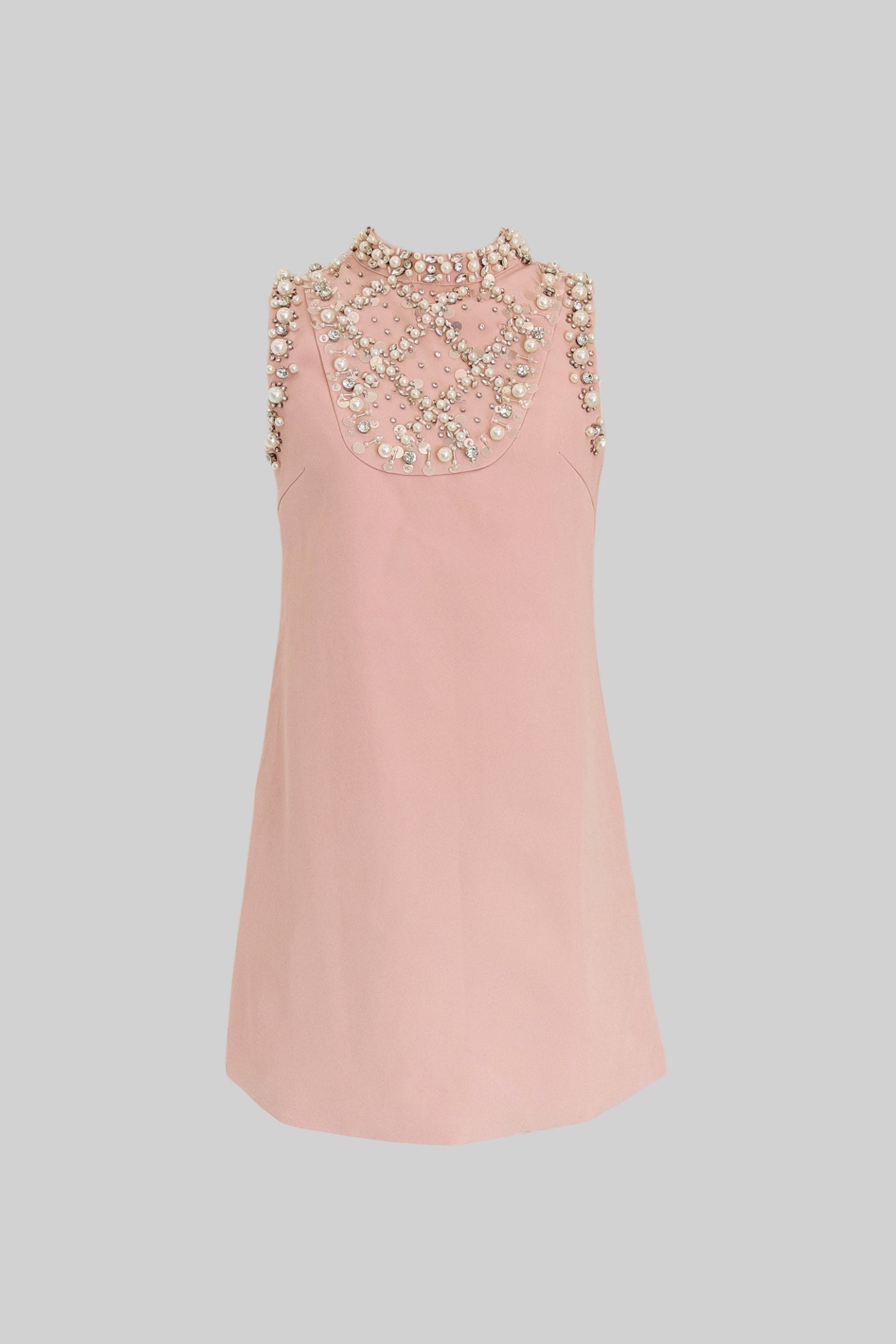 Vestido Mini Sem Mangas Embelado com Decote Alto - Rosa Claro