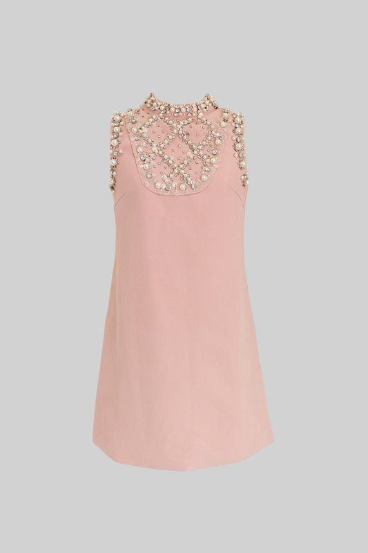 Vestido Mini Sem Mangas Embelado com Decote Alto - Rosa Claro