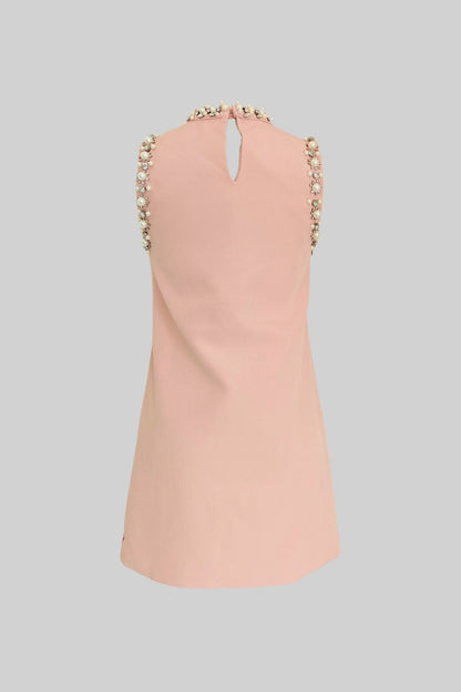 Vestido Mini Sem Mangas Embelado com Decote Alto - Rosa Claro