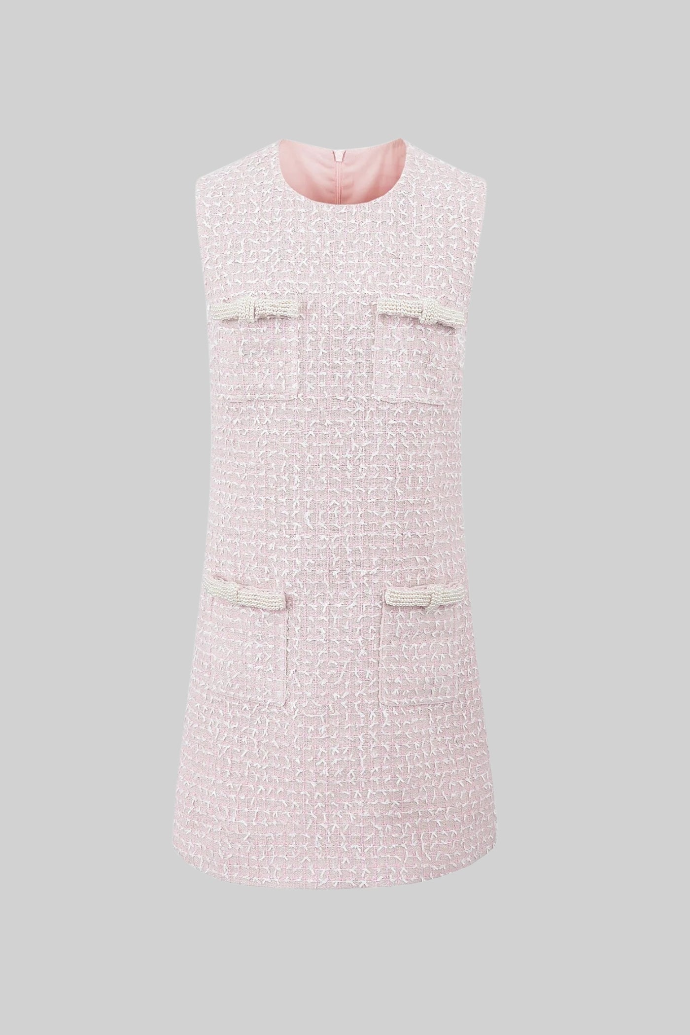Conjunto de Tweed com Casaco Cortado e Vestido Mini Sem Mangas - Rosa Claro