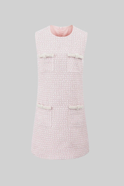 Conjunto de Tweed com Casaco Cortado e Vestido Mini Sem Mangas - Rosa Claro