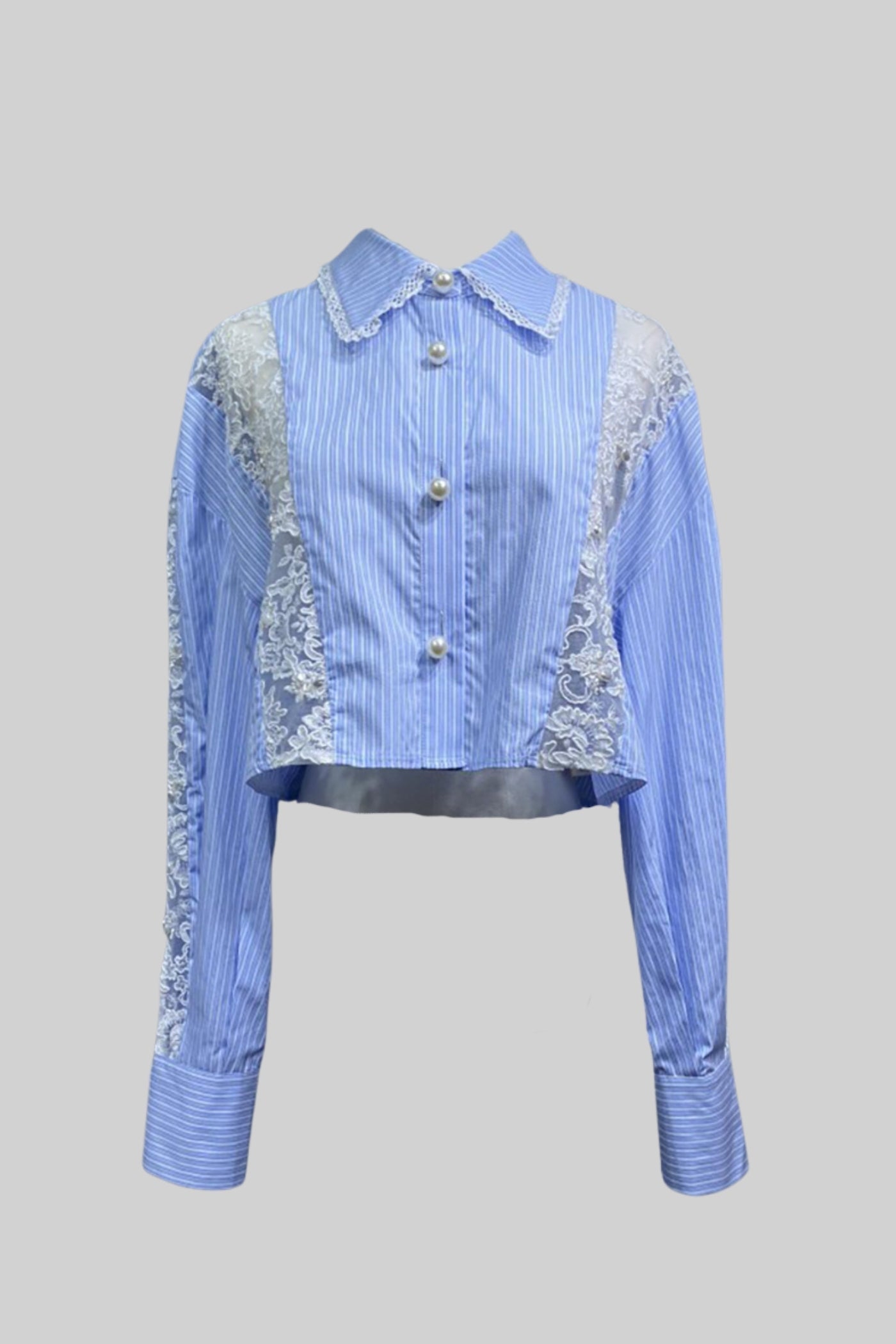 Camisa Listrada Cortada com Painéis de Renda - Azul