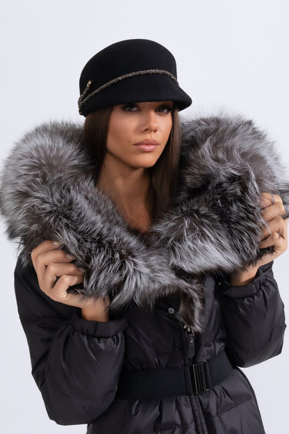 Casaco Puffer Longo com Capuz Forrado a Pele de Raposa Cinza - Preto