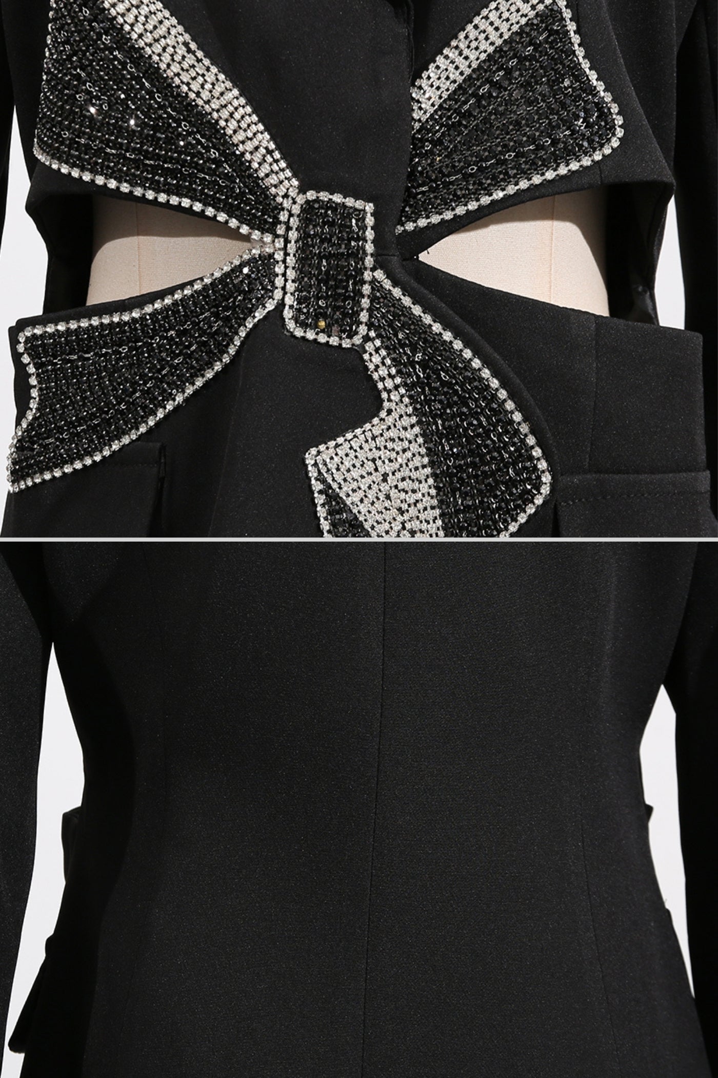 Vestido Blazer Preto com Recortes e Laço de Cristal