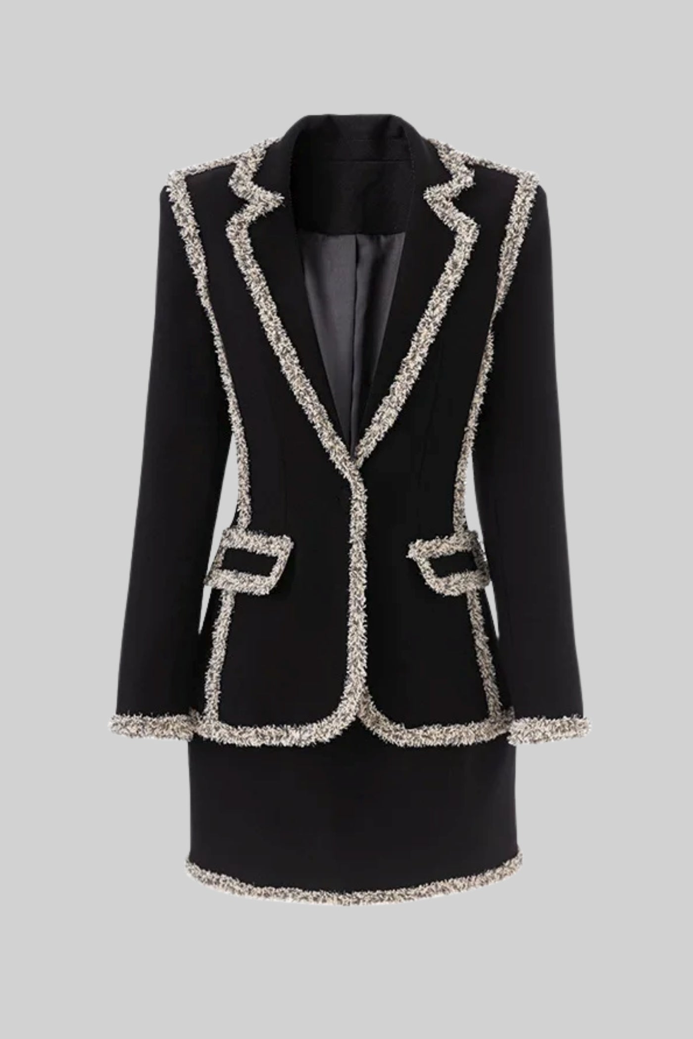 Blazer com Acabamento em Tweed e Saia Mini a Condizer - Preto