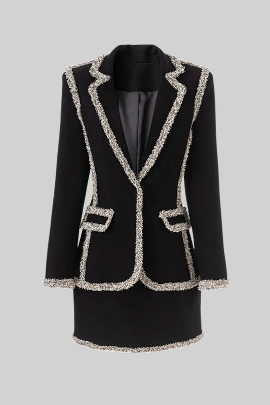 Blazer com Acabamento em Tweed e Saia Mini a Condizer - Preto