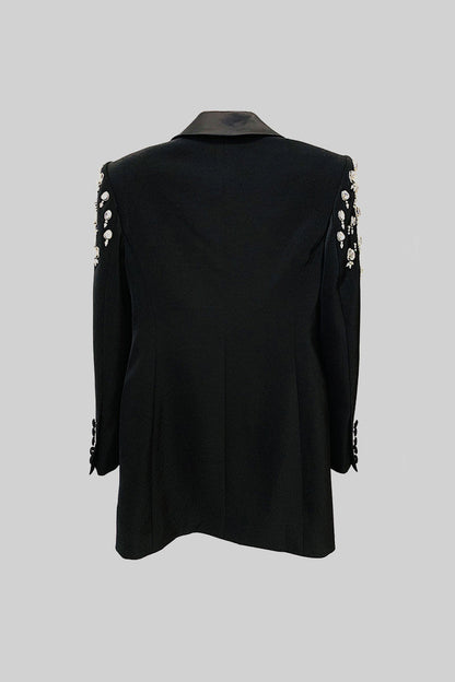 Blazer Elegante Com Ombros Decorados com Diamantes - Preto