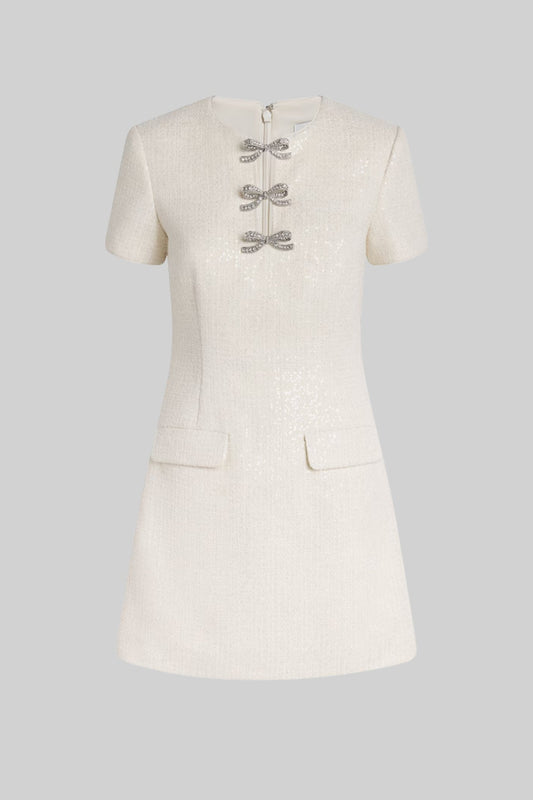 Vestido Mini de Lantejoulas com Acentos de Laço em Cristal - Ivoire
