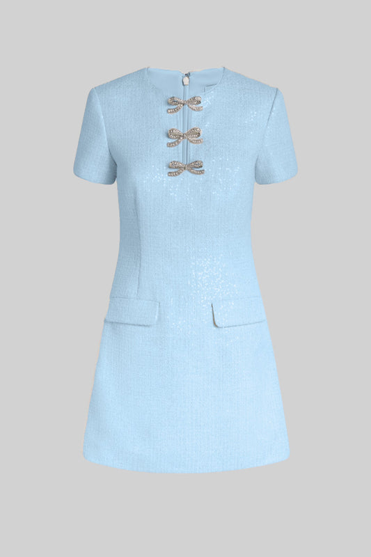 Vestido Mini de Lantejoulas com Detalhes de Laço em Cristal - Azul Bebé