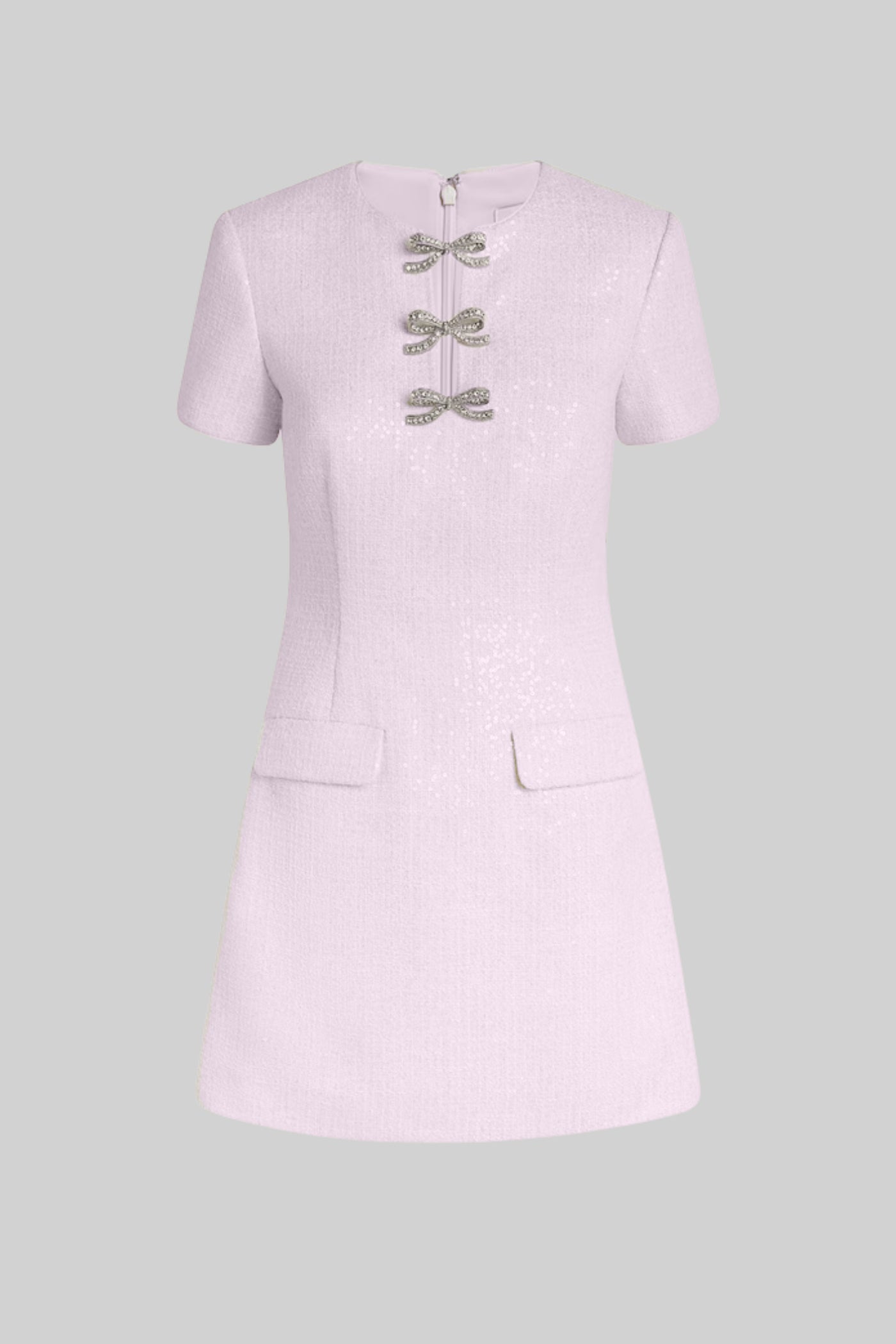 Vestido Mini de Lantejoulas com Acentos de Laço de Cristal - Rosa
