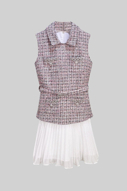 Vestido de Vestuário em Tweed com Detalhe de Saia Plissada - Rosa/Branco
