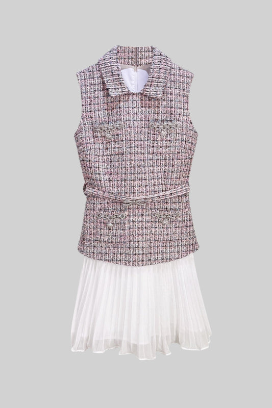 Vestido de Vestuário em Tweed com Detalhe de Saia Plissada - Rosa/Branco