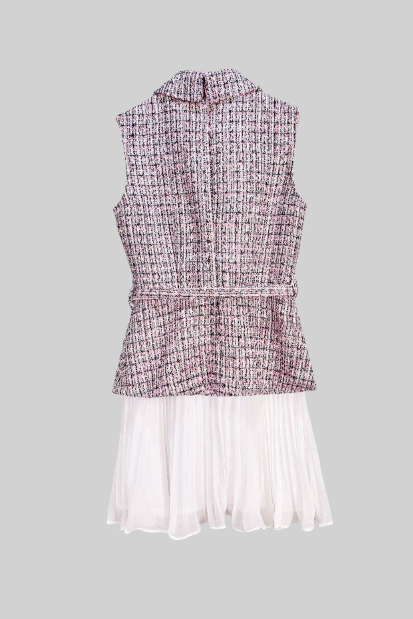 Vestido de Vestuário em Tweed com Detalhe de Saia Plissada - Rosa/Branco