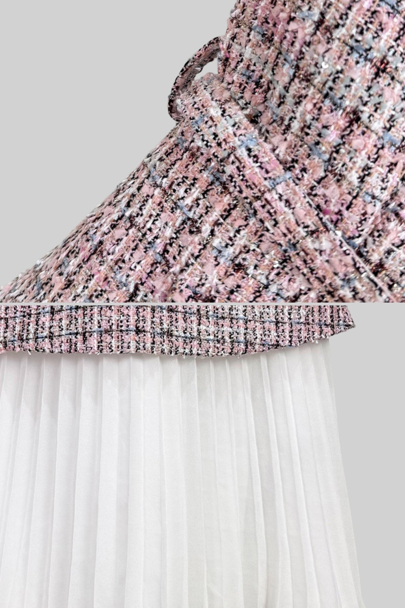 Vestido de Vestuário em Tweed com Detalhe de Saia Plissada - Rosa/Branco