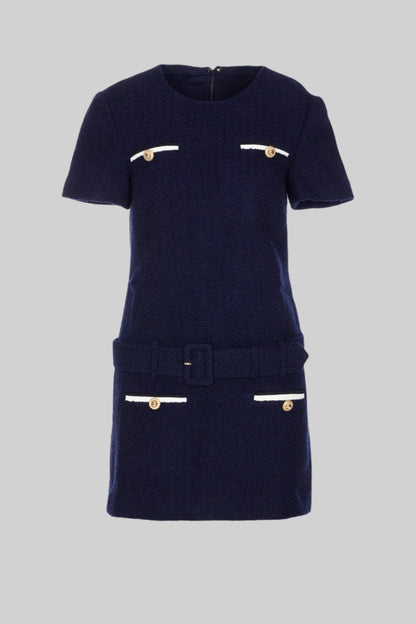 Vestido Mini de Tweed com Cinto e Bolsos em Contraste - Marinho