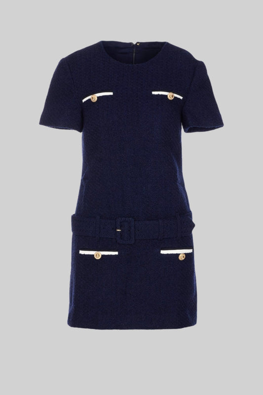 Vestido Mini de Tweed com Cinto e Bolsos em Contraste - Marinho