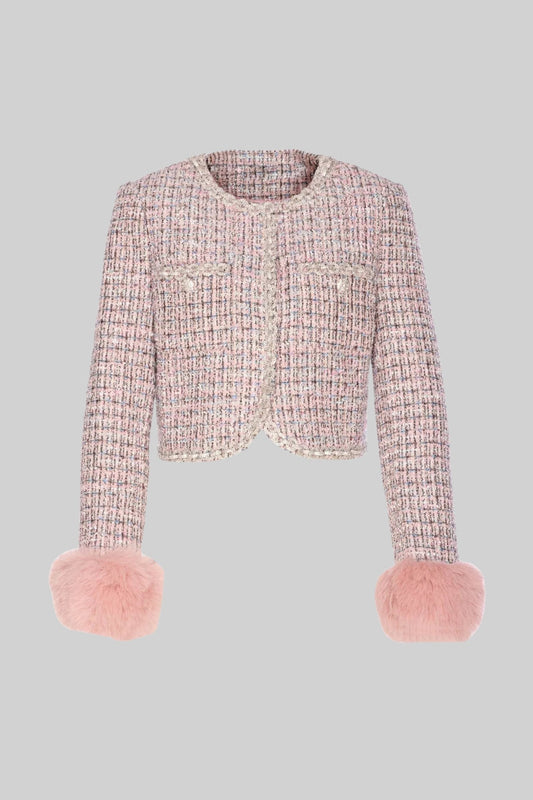 Casaco Cropped de Tweed com Punhos de Pelo Sintético - Rosa