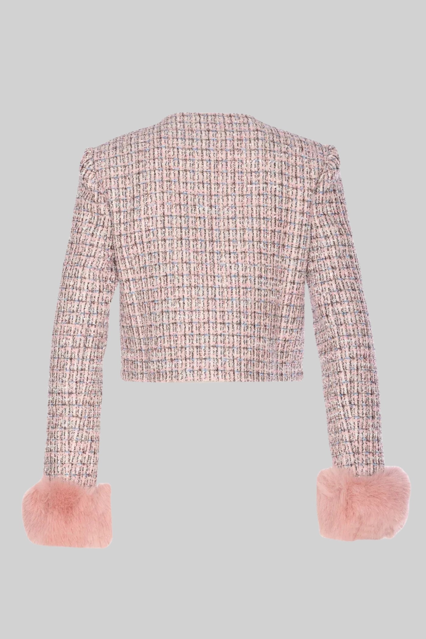 Casaco Cropped de Tweed com Punhos de Pelo Sintético - Rosa