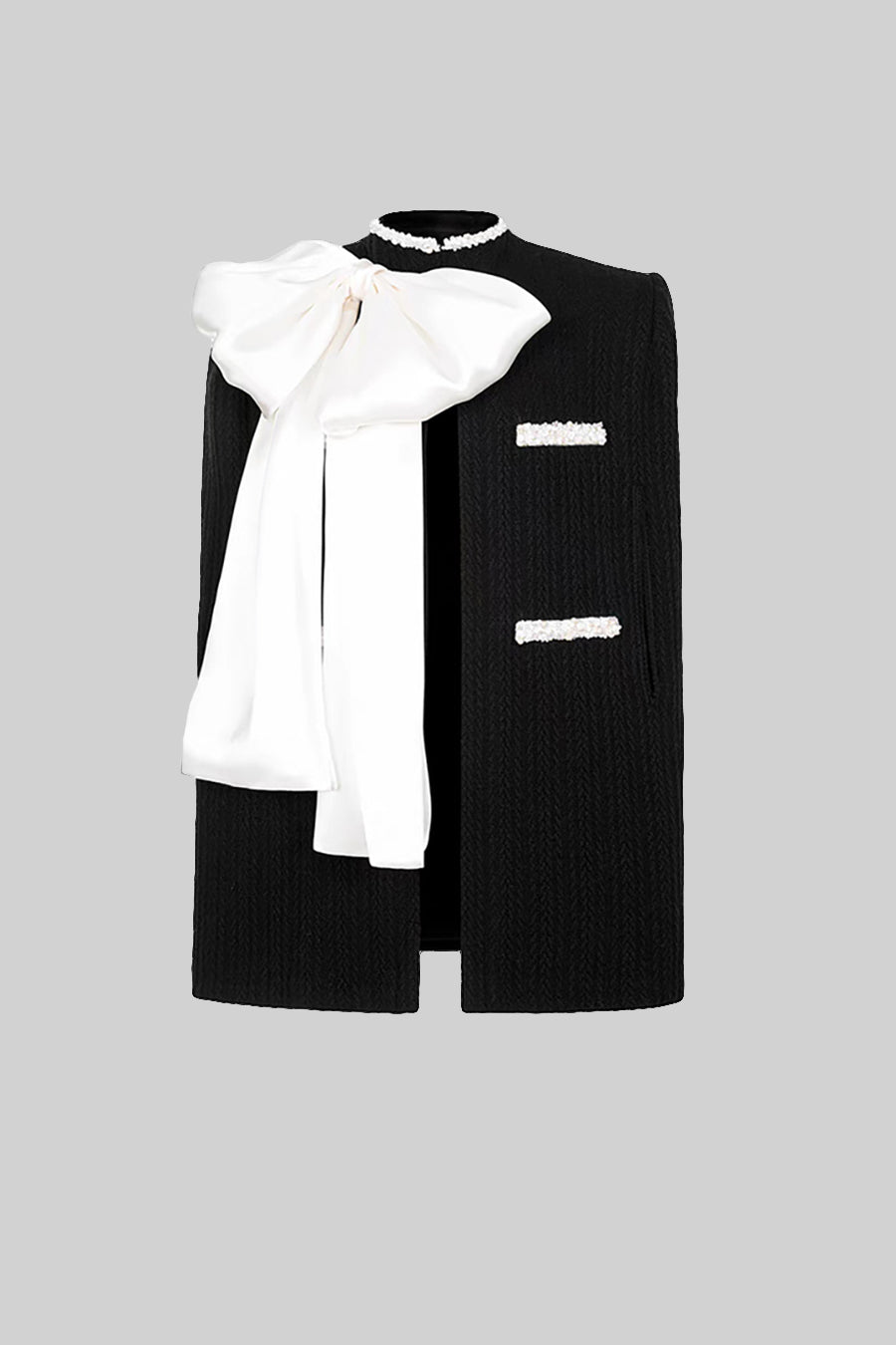 Sobretudo Texturizado Elegante com Detalhe de Laço Branco - Preto
