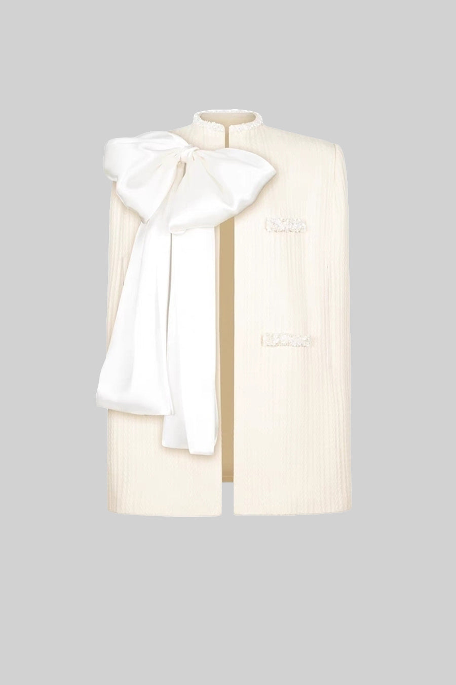 Sobretudo Texturizado Elegante com Detalhe de Laço Branco - Ivoire