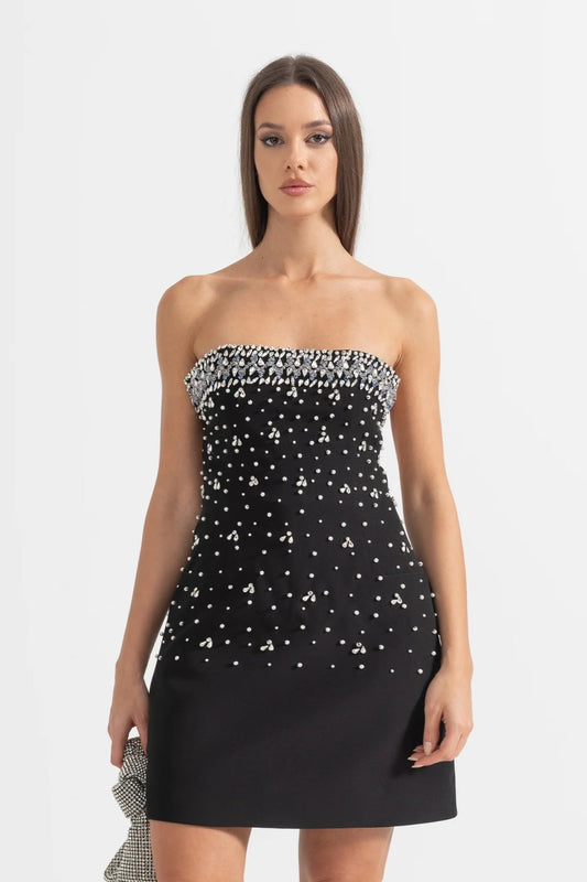 Vestido Mini Sem Mangas com Aplicações de Cristal - Preto