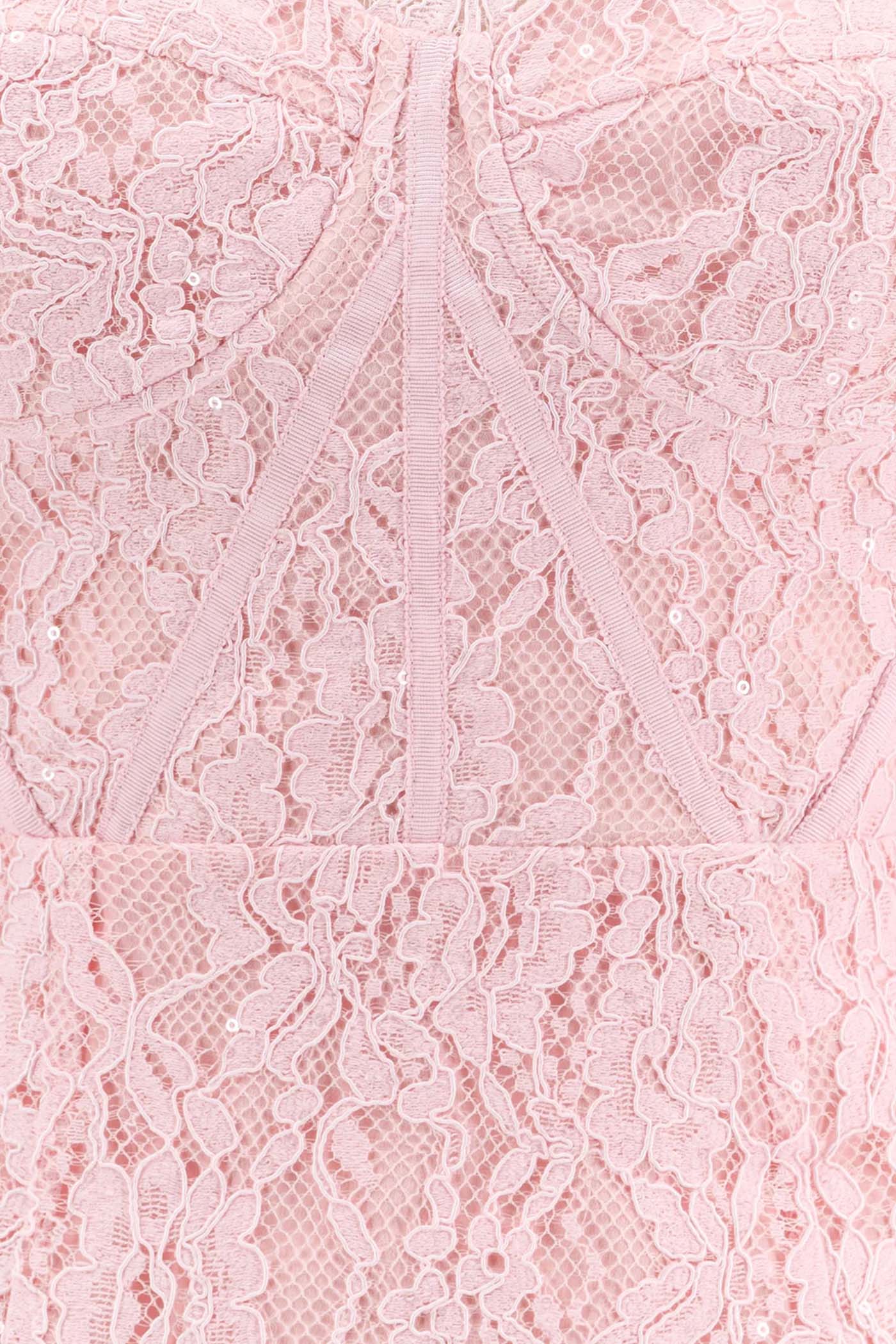Vestido Elegante de Renda de Manga Longa com Cinto Correspondente - Rosa