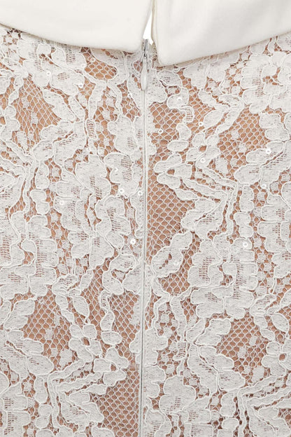 Vestido Elegante de Renda de Manga Curta com Cinto a Condizer - Branco