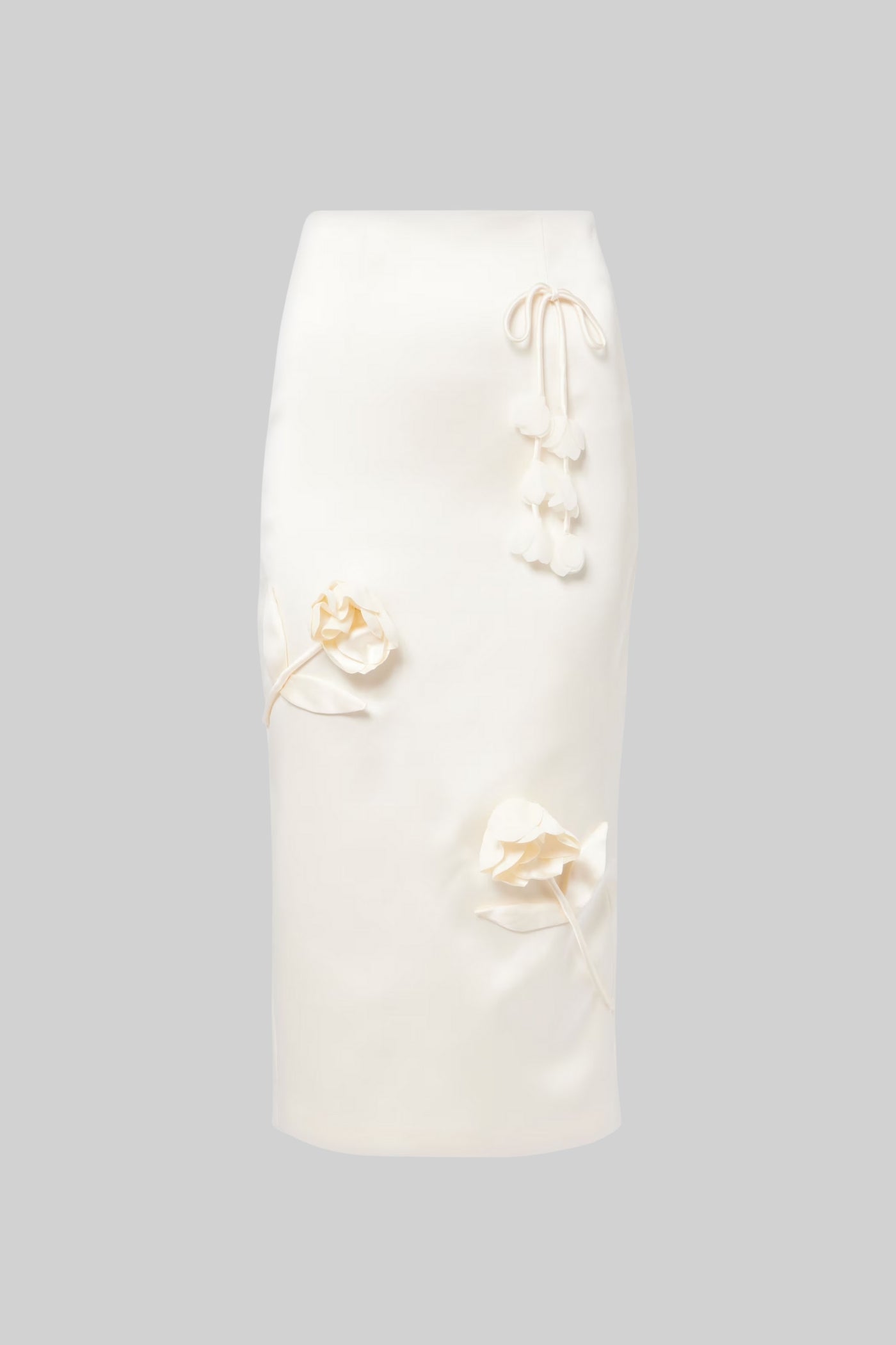 Saia Lápis de Cetim com Aplicações Florais em 3D - Ivoire