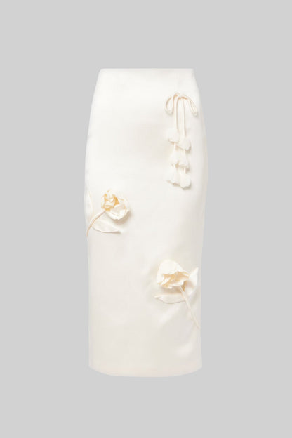 Saia Lápis de Cetim com Aplicações Florais em 3D - Ivoire