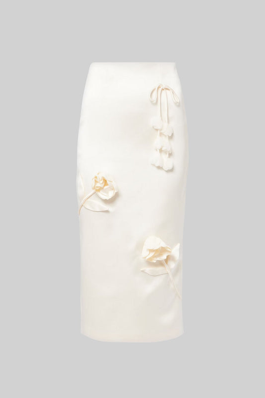 Saia Lápis de Cetim com Aplicações Florais em 3D - Ivoire