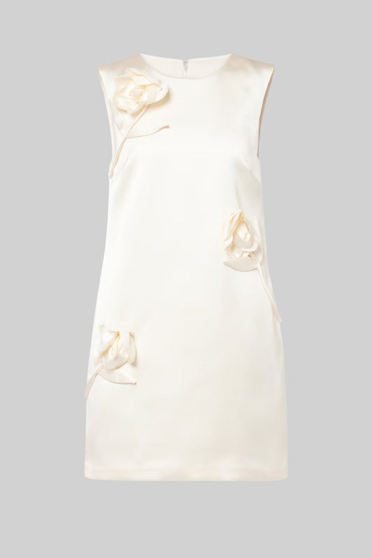 Vestido Mini em Cetim com Aplicações Florais 3D - Ivoire