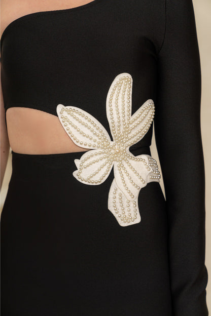 Vestido Midi com Detalhe Floral Contrastante - Preto