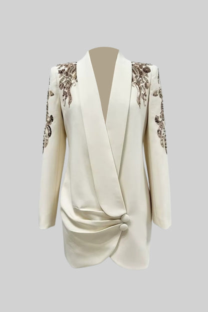 Blazer Drapado Com Bordado Intricado nos Ombros - Ivoire
