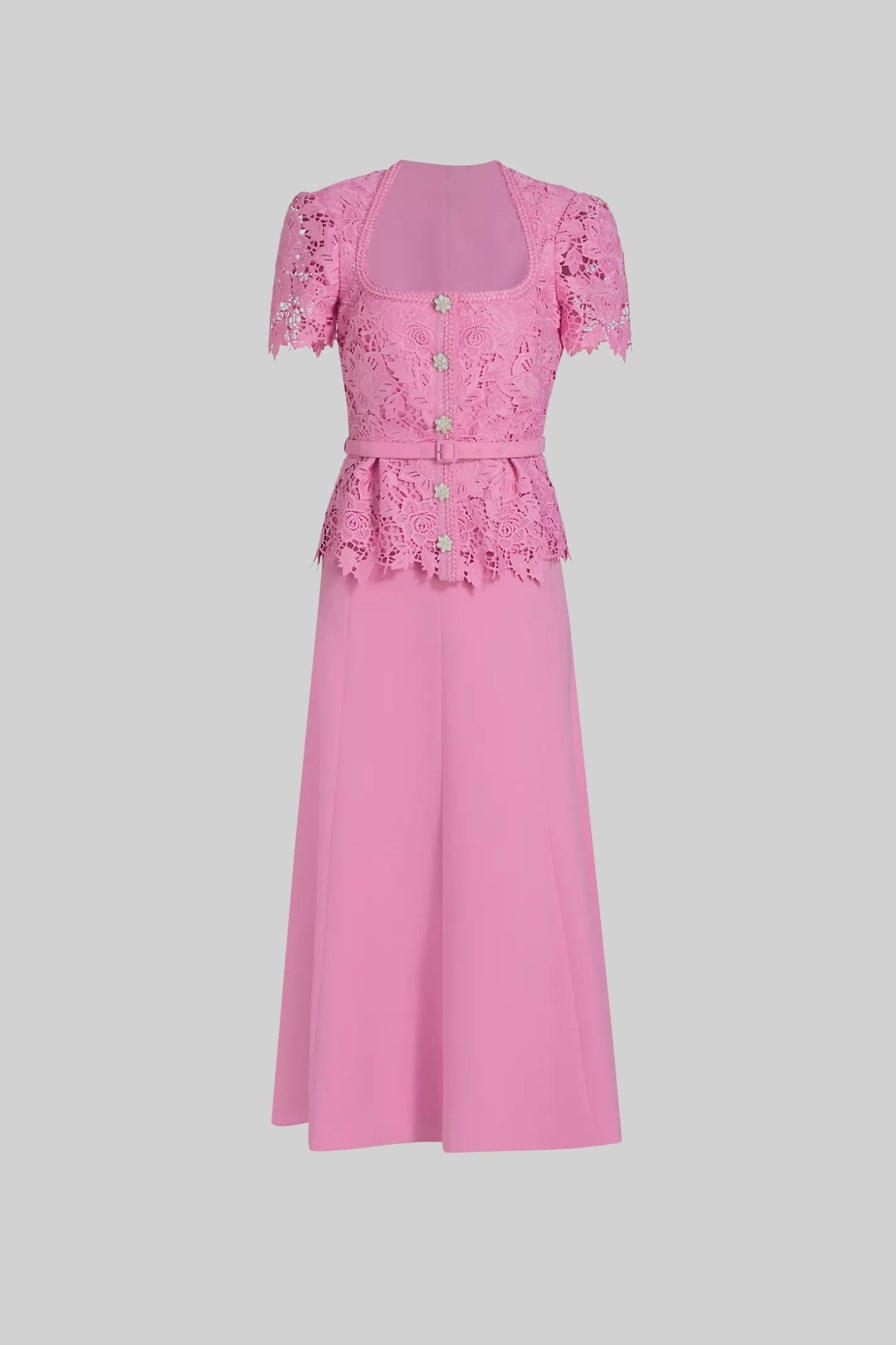 Vestido Elegante Com Top de Renda, Cinto Coordenado e Saia Coordenada - Rosa