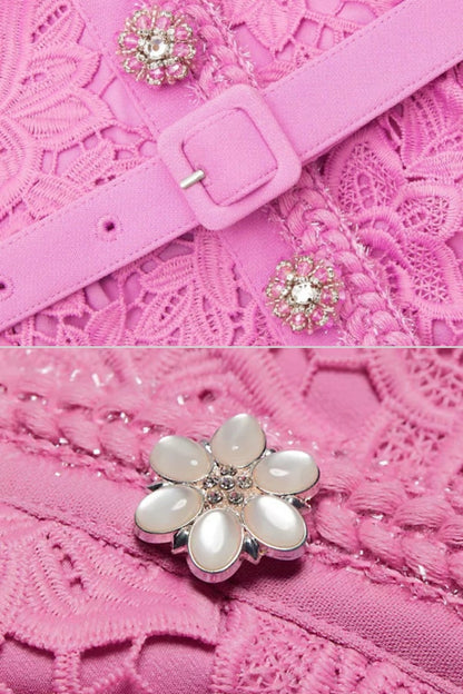 Vestido Elegante Com Top de Renda, Cinto Coordenado e Saia Coordenada - Rosa