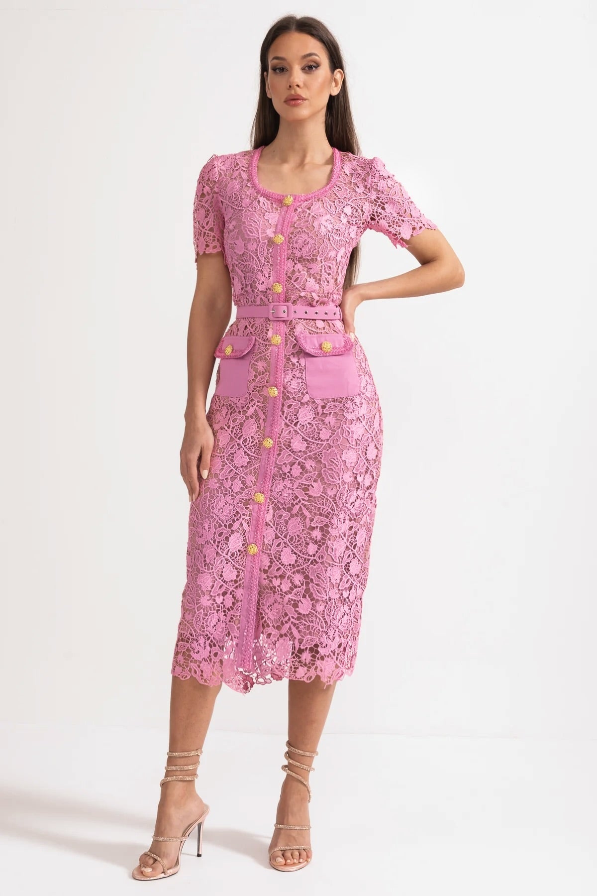 Exquisito Vestido Midi de Renda com Mangas Curtas - Rosa