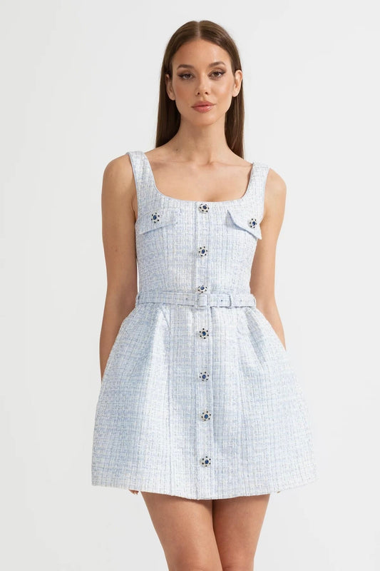 Vestido Mini Texturizado Com Corpete Justo E Botões Contrastantes - Azul Claro